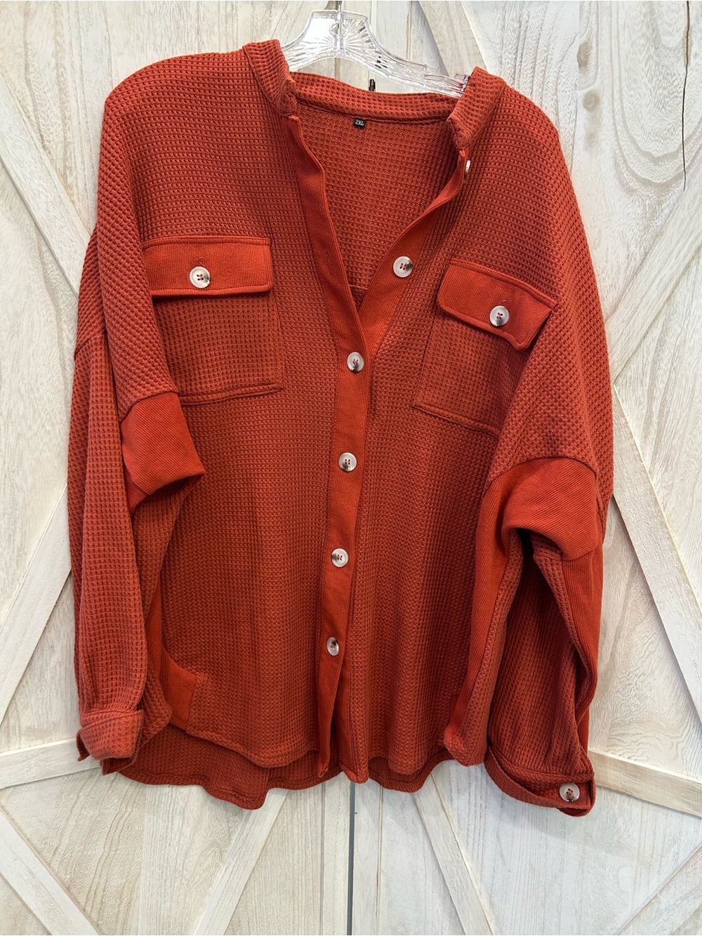 Rust Waffle Knit Button-Up Shirt Jacket